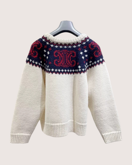 Celine Wool Triomphe Jacquard Sweater Beige/Ecru, Navy, Red FR 38