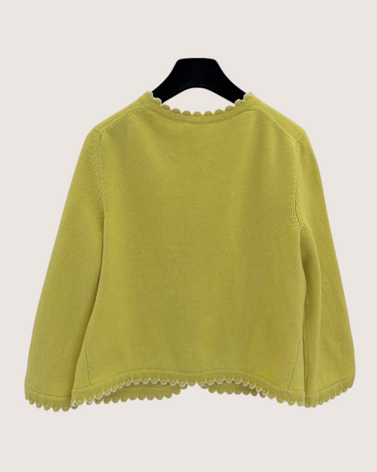 Chanel 25C Cashmere Scalloped Cardigan Yellow, White FR 34