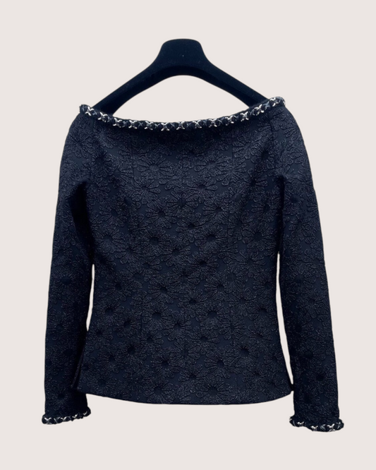 Chanel 21A Floral Off-Shoulder Chain-Trim Jacket Black FR 34