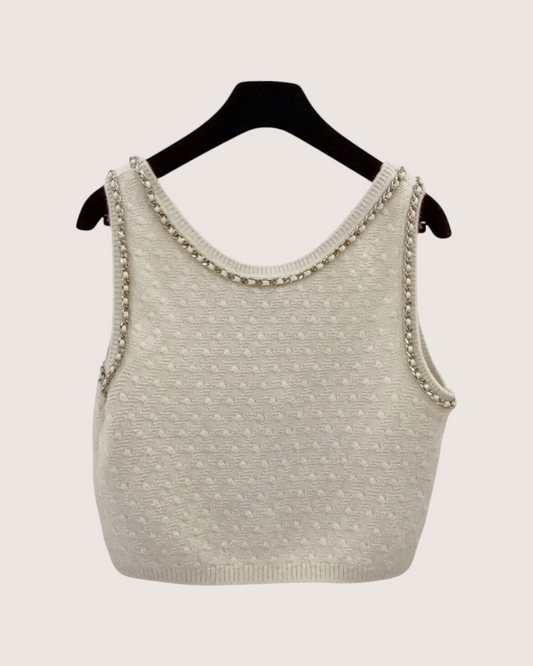 Chanel 23B Cashmere Chain-Trim Top Beige/Ecru, Gold FR 38