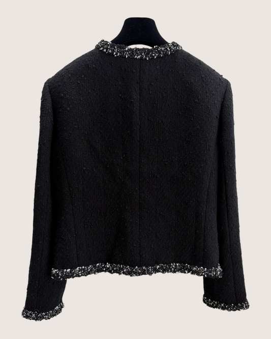 Chanel 26A Tweed Fringe-Trim Jacket Black, Green, Multicolor FR 38