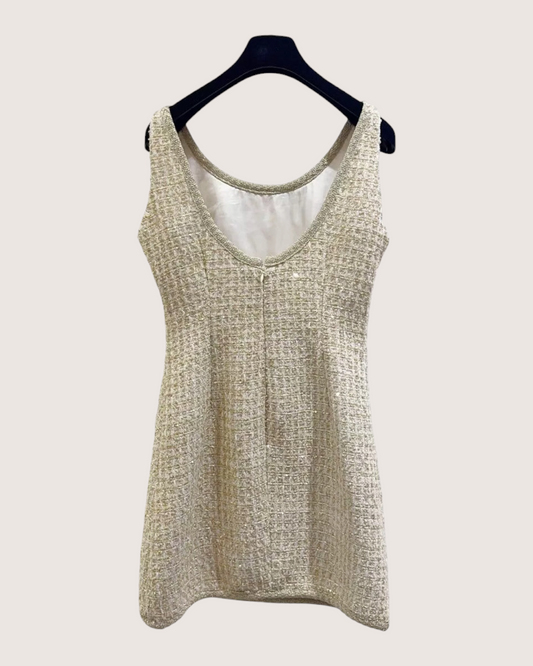 Miu Miu Tweed Sequin Mini Dress - Beige/Ecru, Gold, view 2