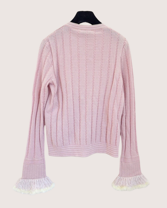 Chanel 25B Cashmere Feather-Trim Cardigan Pink, White FR 36