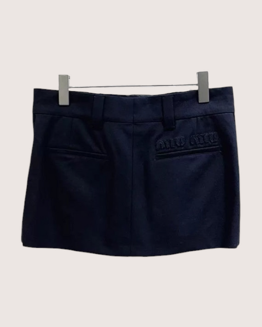 Miu Miu Wool Logo Pleated Mini Skirt Navy FR 38