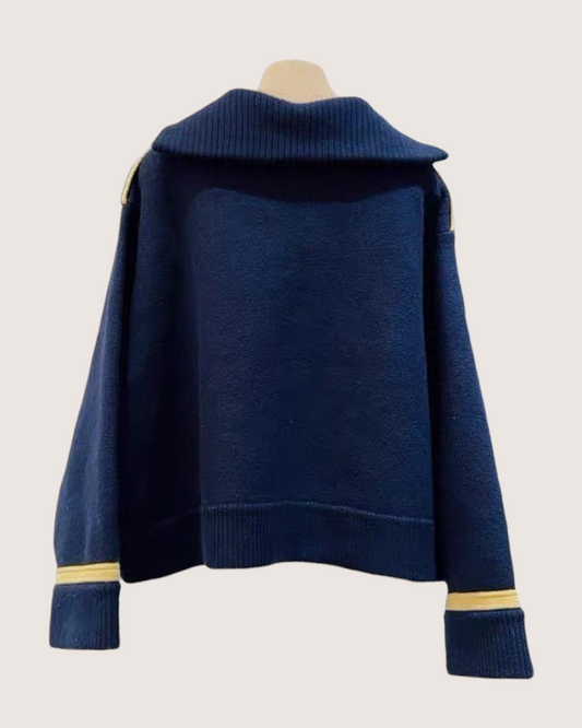 Celine Wool Embroidered Pocket Sweater Navy, Gold FR 38
