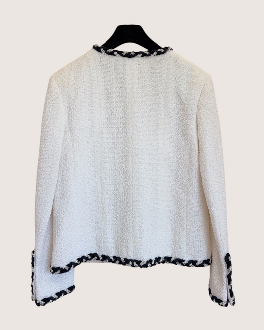 Chanel 23C Braided-Trim Four-Pocket Tweed Jacket White, Navy FR 38
