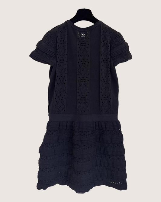 Chanel Short-Sleeve Openwork Logo Mini Dress - Black, view 2