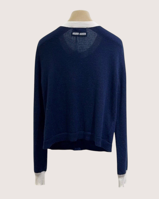 Miu Miu Wool Two-Tone Cardigan Navy, White FR 40
