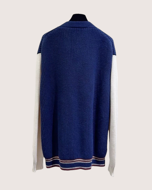 Miu Miu Logo Colorblock Cashmere Cardigan Navy, White FR 36