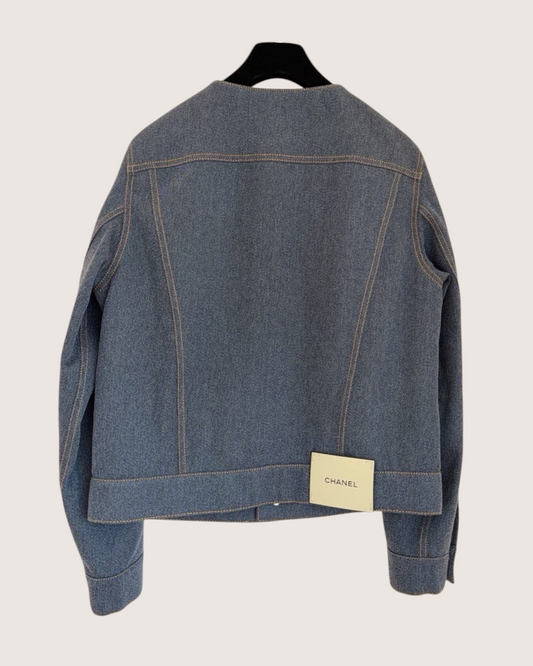 Chanel 26S Collarless Denim Jacket Blue FR 34
