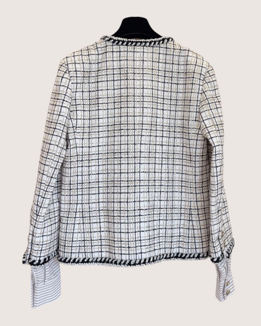 Chanel 24C Checked Shirt-Cuff Tweed Jacket White, Black, Gold FR 38