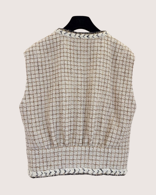 Chanel 25K Plaid Tweed Vest Beige/Ecru, Gold, Black FR 34