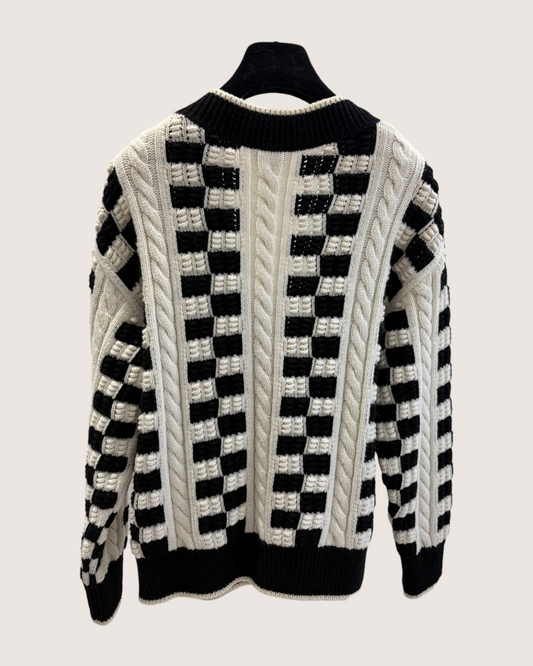 Chanel 23C Cashmere Checkerboard Cardigan - Beige/Ecru, Black, view 2