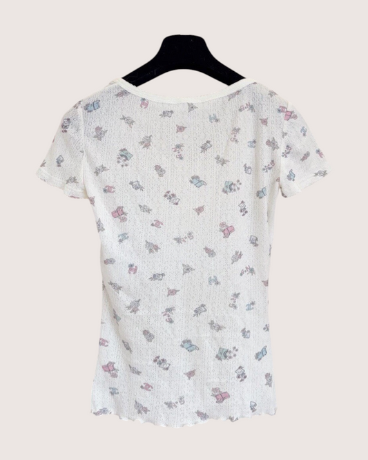 Chanel 24N Coco Neige Floral Openwork Bow Short-Sleeve Top White, Pink, Blue, Multicolor FR 36