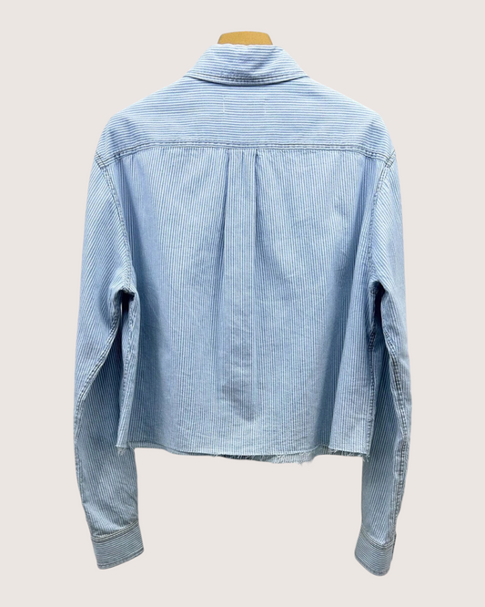 Miu Miu Cropped Striped Logo Shirt Blue, White FR 38