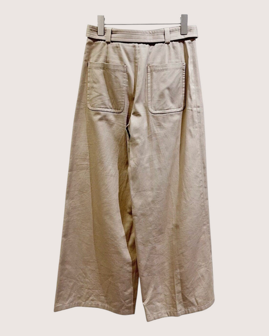 Celine Belted Wide-Leg Trousers Beige/Ecru