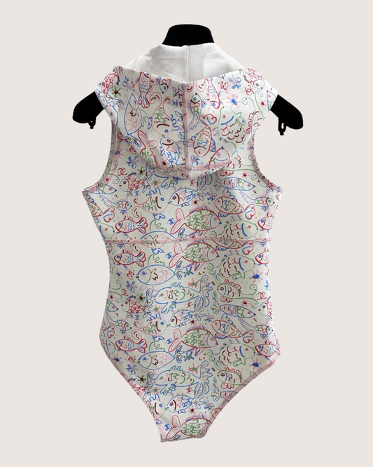 Chanel 25C Fish-Print Hooded One-Piece Swimsuit - White, Black, Multicolor, view 2