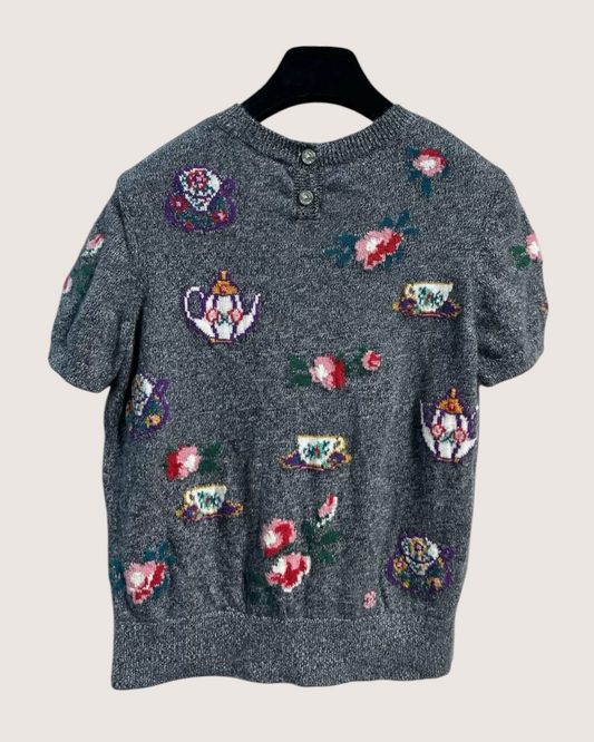 Chanel 24A Teapot-Print Wool Top - Grey, Multicolor, view 2