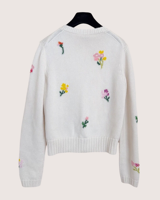 Chanel 26P Cashmere Floral Cardigan Beige/Ecru, Multicolor FR 36