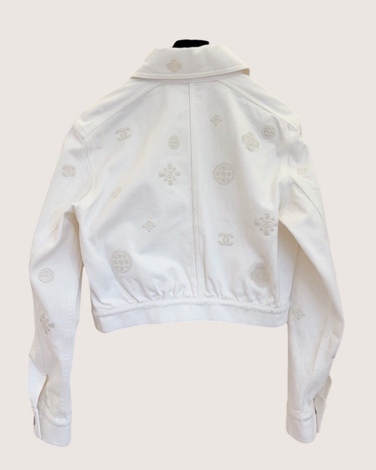 Chanel 21P Camellia Denim Jacket White, Beige/Ecru FR 34