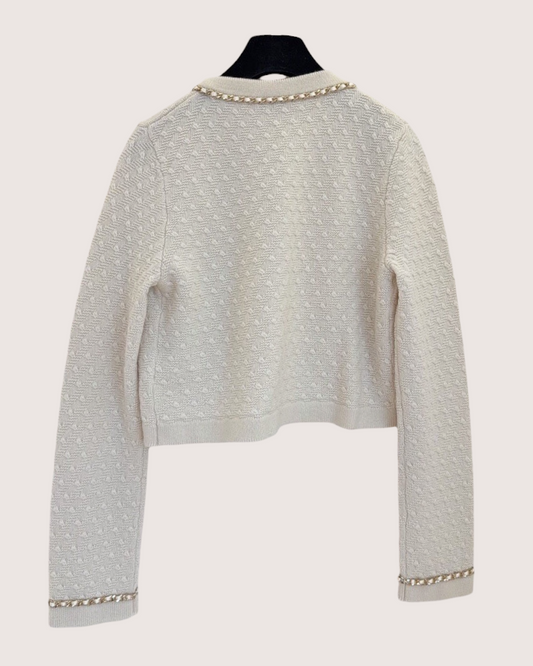 Chanel 23B Cashmere Chain-Trim Cardigan Beige/Ecru, Gold FR 34