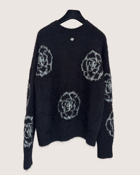 Chanel 23K Camellia Sweater Black, Silver FR 36