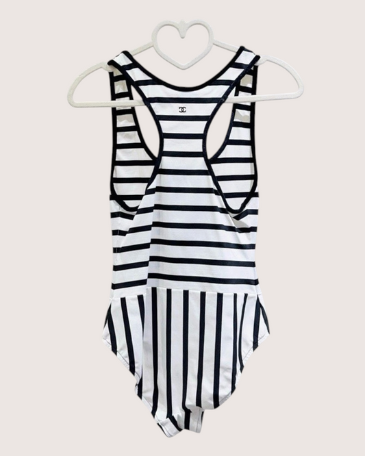 Chanel Striped One-Piece Swimsuit Black, White FR 34