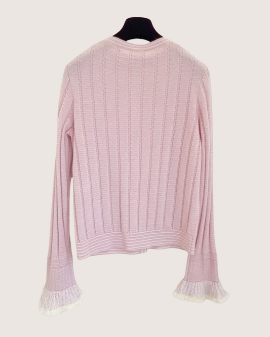 Chanel 25B Cashmere Cable Feather-Trim Cardigan Pink, White, Beige/Ecru FR 40