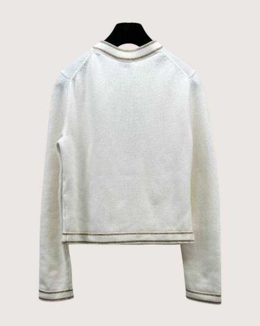 Chanel 26C Cashmere Metallic-Trim Cardigan White, Gold FR 34