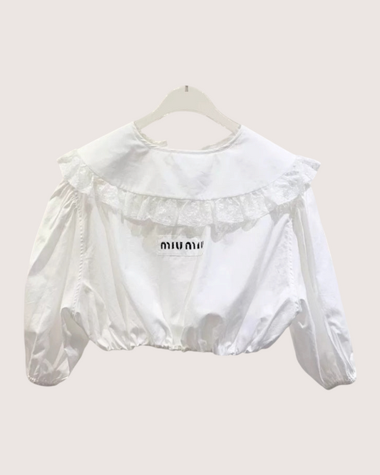 Miu Miu Lace-Collar Puff-Sleeve Shirt White FR 38
