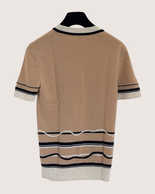 Chanel Striped Cashmere Short-Sleeve Sweater - Brown, Black, Beige/Ecru, view 2