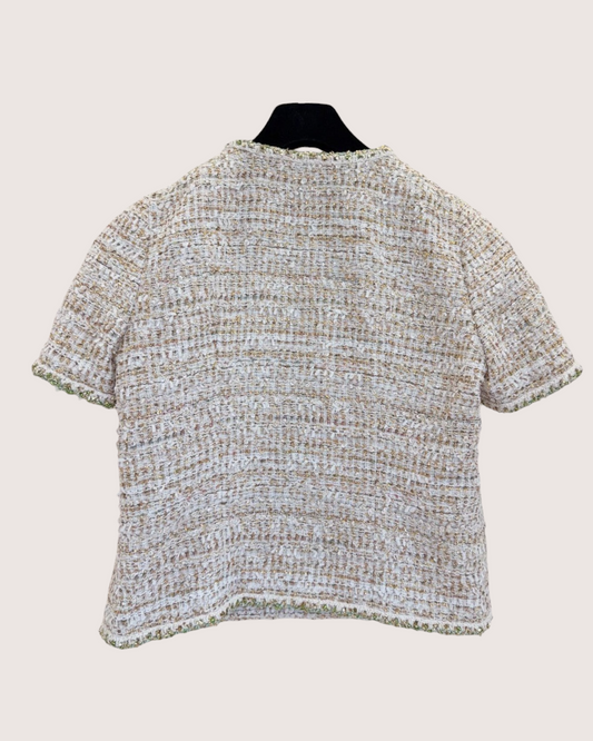 Chanel 26C Braided-Trim Short-Sleeve Tweed Jacket Beige/Ecru, Gold, Green FR 40
