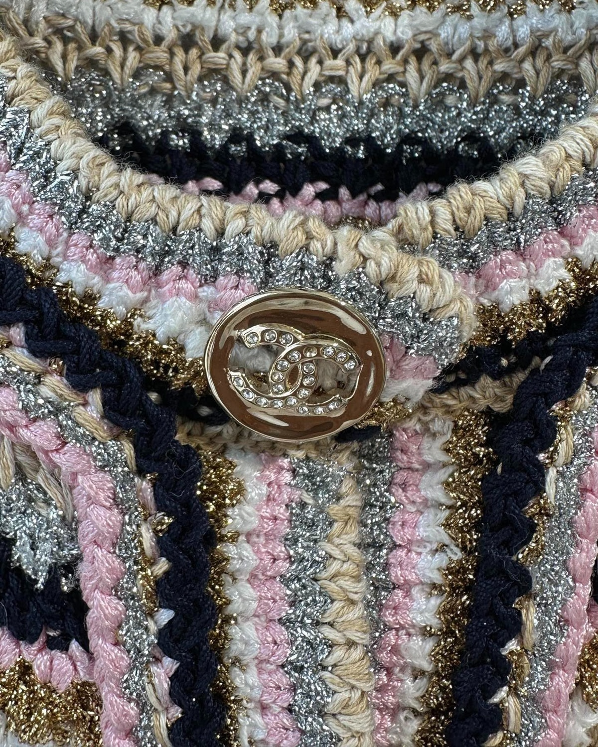 Chanel 24P Metallic Striped Cardigan Beige/Ecru, Navy, Pink, Multicolor FR 38
