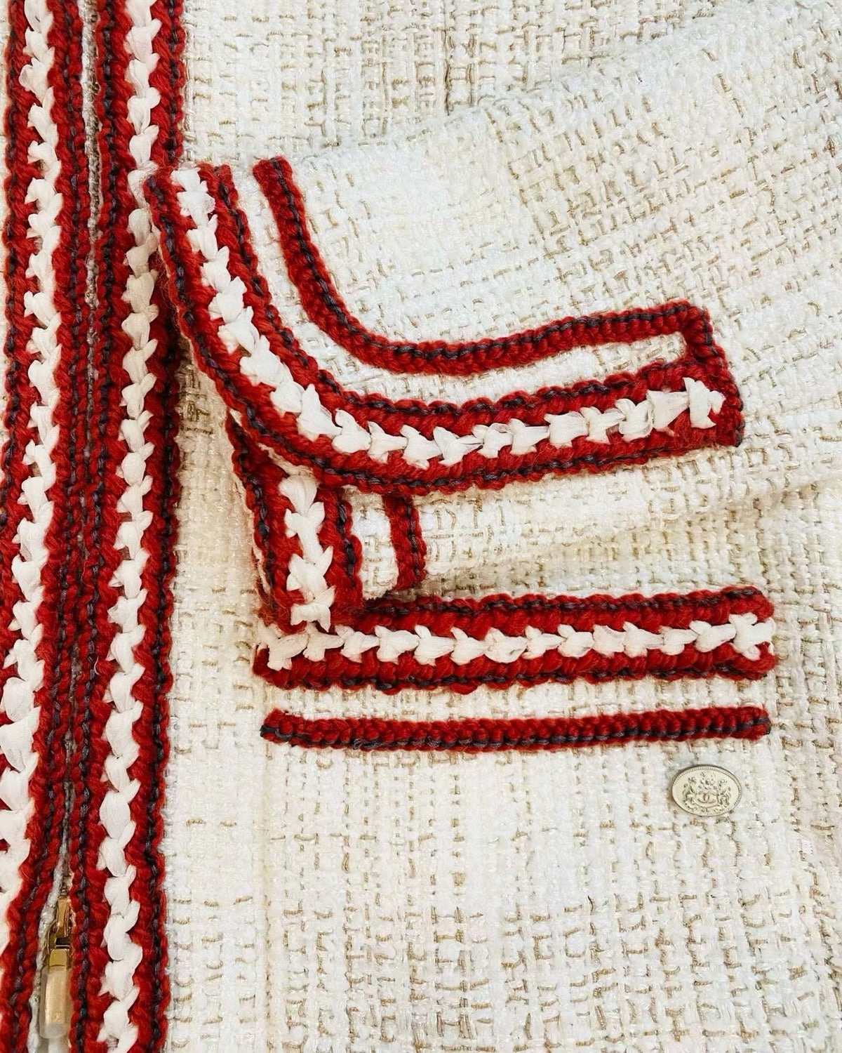 Chanel 18A Tweed Jacket Beige/Ecru, Red, White FR 36