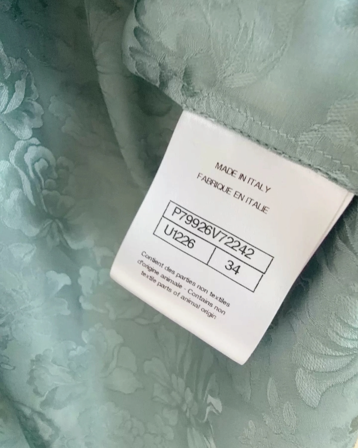 Chanel 25A Camellia Pattern Sleeveless Shirt Green, Blue FR 34