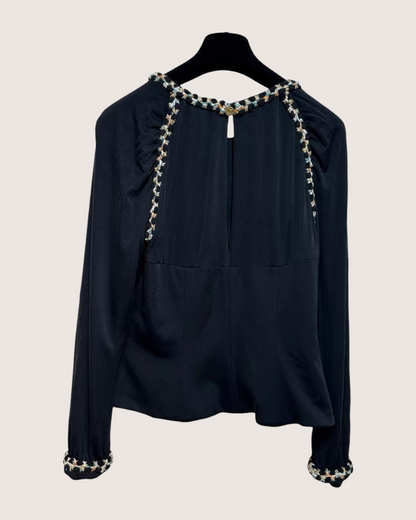 Chanel 18C Tweed-Trim Long-Sleeve Top