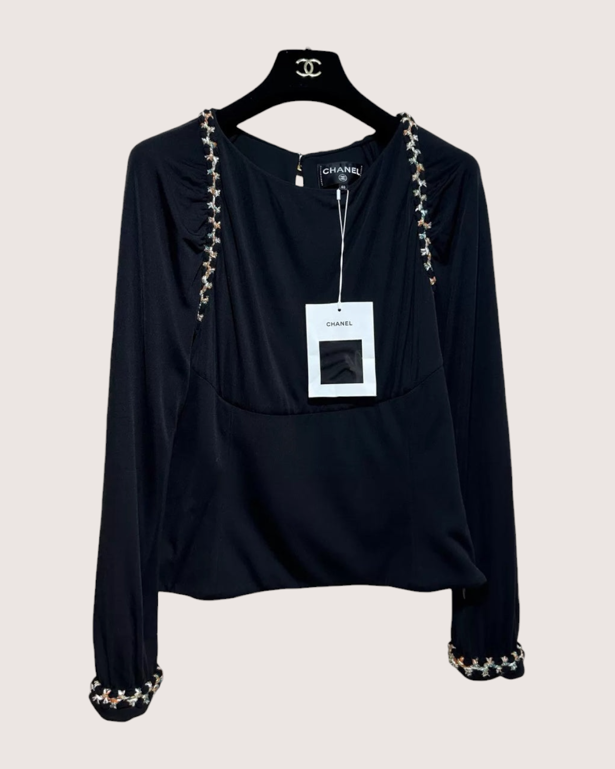Chanel 18C Tweed-Trim Long-Sleeve Top