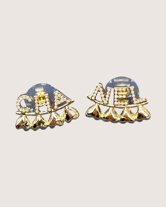 Chanel 23P Gold Crystal Cha-Nel Earrings