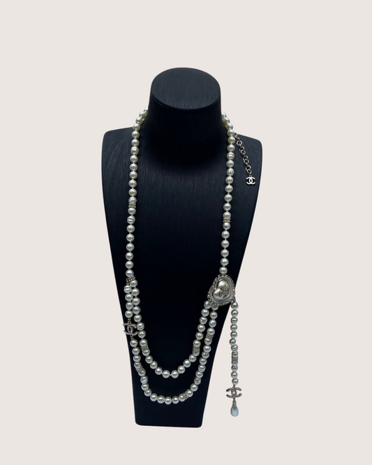 Chanel 24A Silver Crystal Pearl CC Necklace