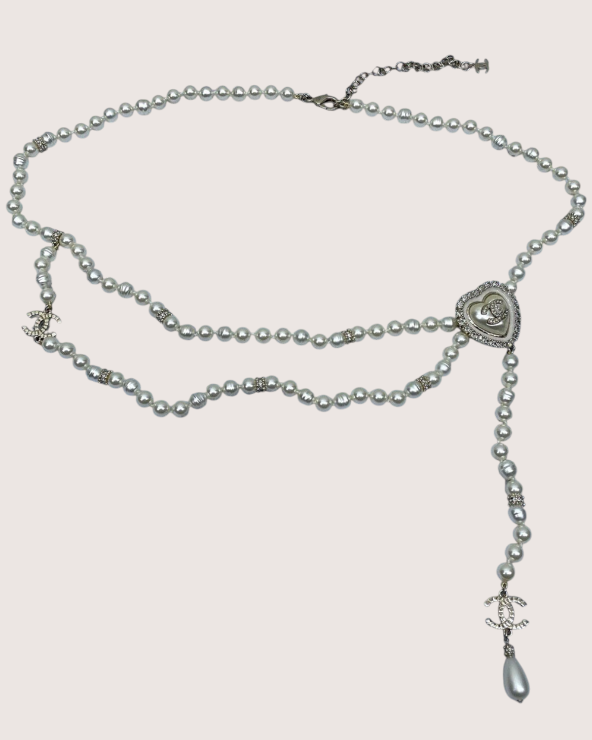Chanel 24A Silver Crystal Pearl CC Necklace