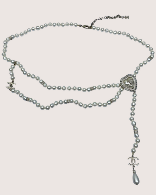 Chanel 24A Silver Crystal Pearl CC Necklace