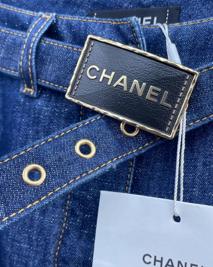 Chanel 23S Belted Wide-Leg Denim Jeans