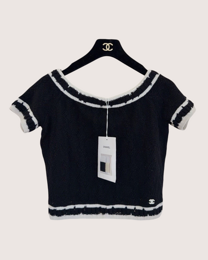 Chanel 22C Cashmere Contrast-Trim Crop Top Black, White FR 38