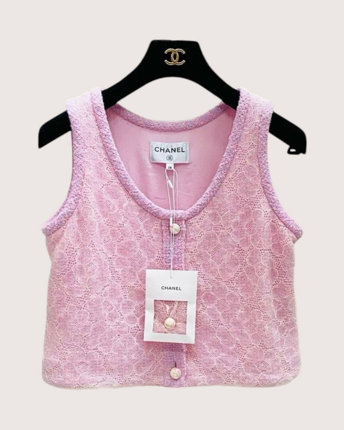 Chanel 25B Camellia Lace Vest Pink, White FR 38