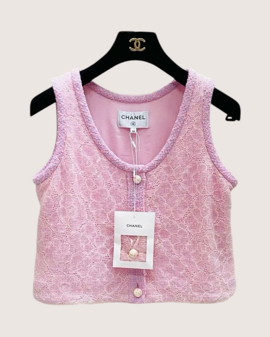 Chanel 25B Camellia Lace Vest Pink, White FR 38