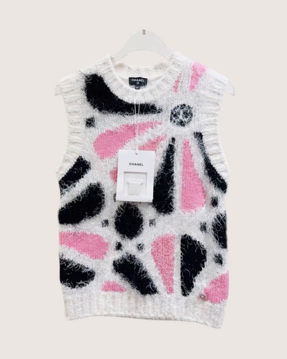 Chanel 23K Cashmere Floral Vest White, Black, Pink, Multicolor FR 34