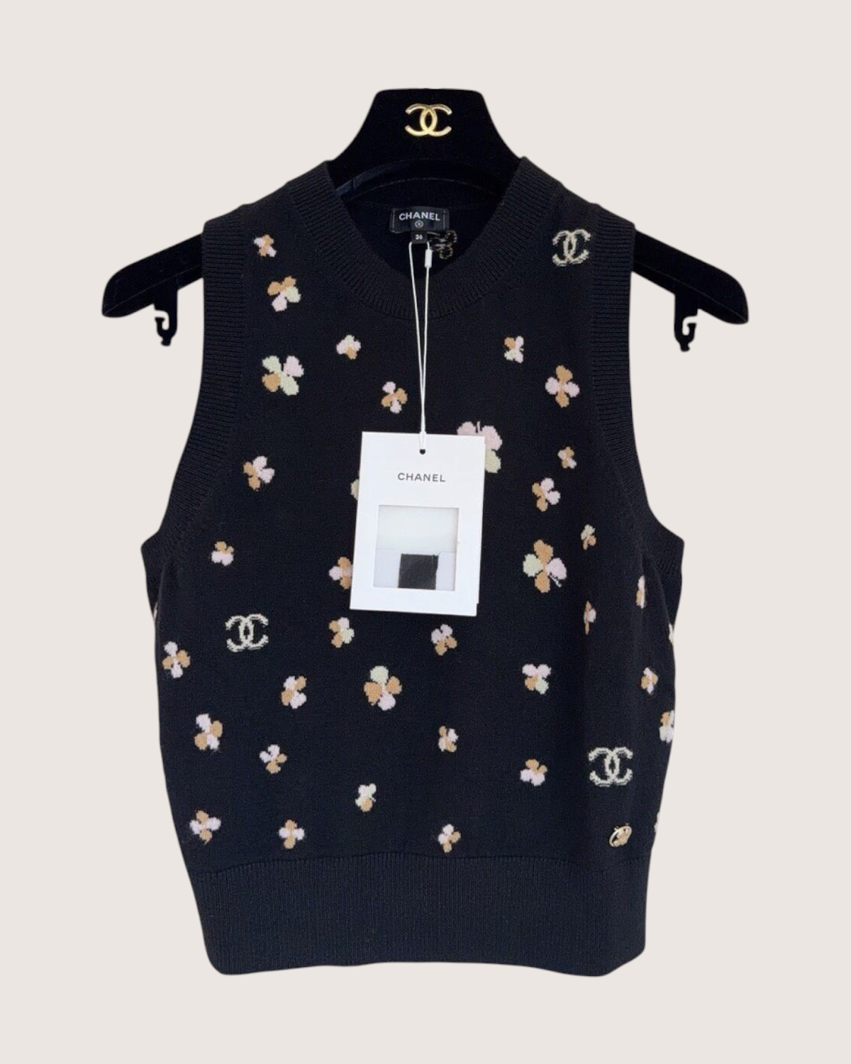 Chanel 24P Cashmere Clover Jacquard Vest Black, Beige/Ecru, Pink, Multicolor FR 38