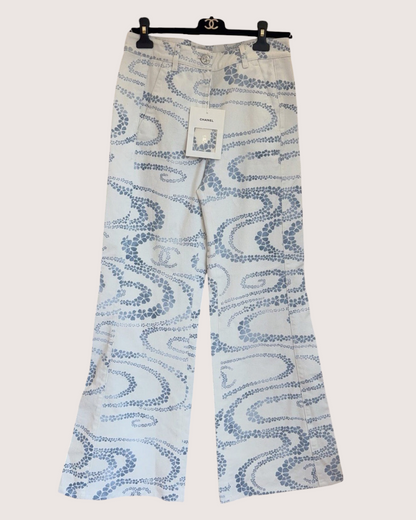 Chanel 25M Coco Beach CC-Print Flare Denim Jeans Beige/Ecru, Blue FR 38
