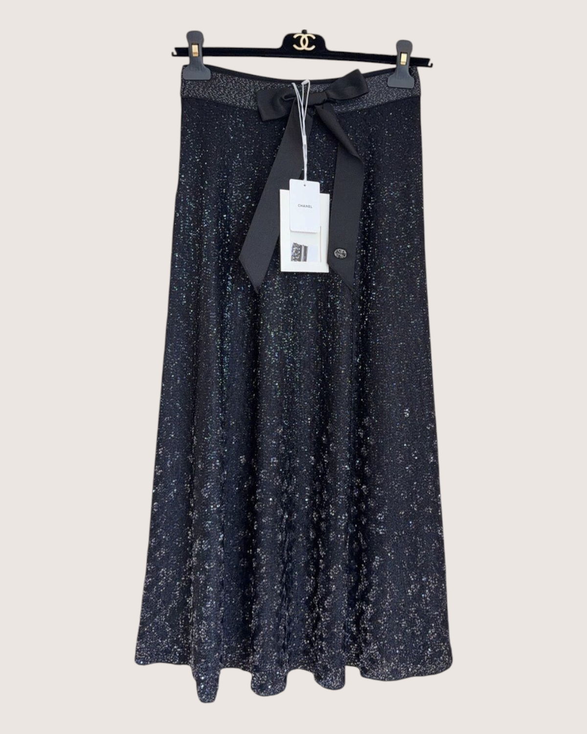Chanel 25P Bow Shimmer Maxi Skirt Black, Silver FR 34