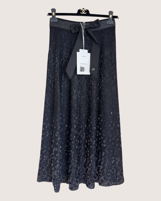 Chanel 25P Bow Shimmer Maxi Skirt Black, Silver FR 34